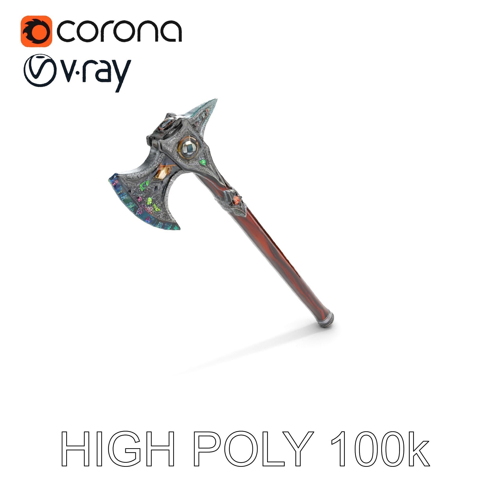Fantasy GemStudded Battle Axe Model Pack Low-poly 3D model_9