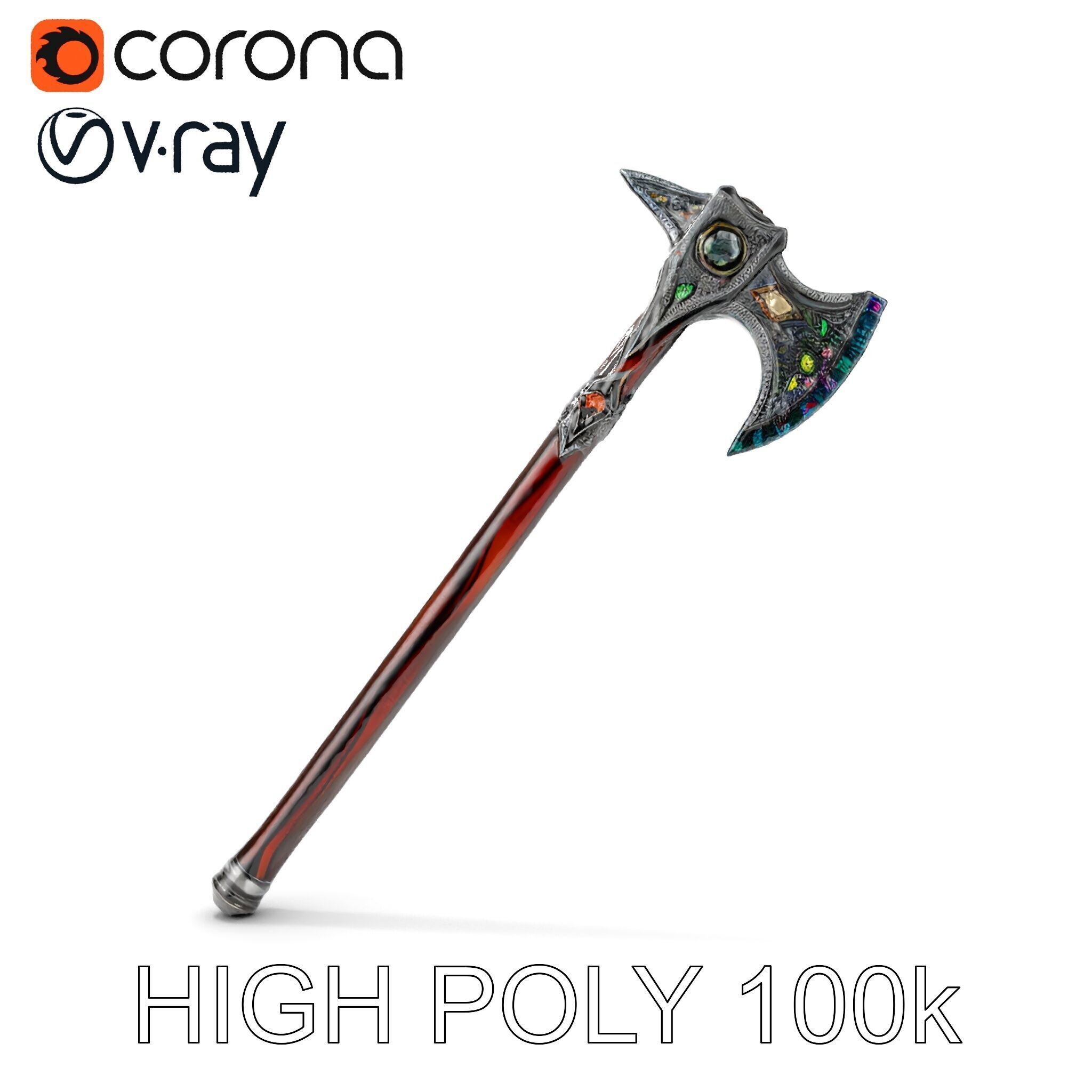 Fantasy GemStudded Battle Axe Model Pack Low-poly 3D model_18