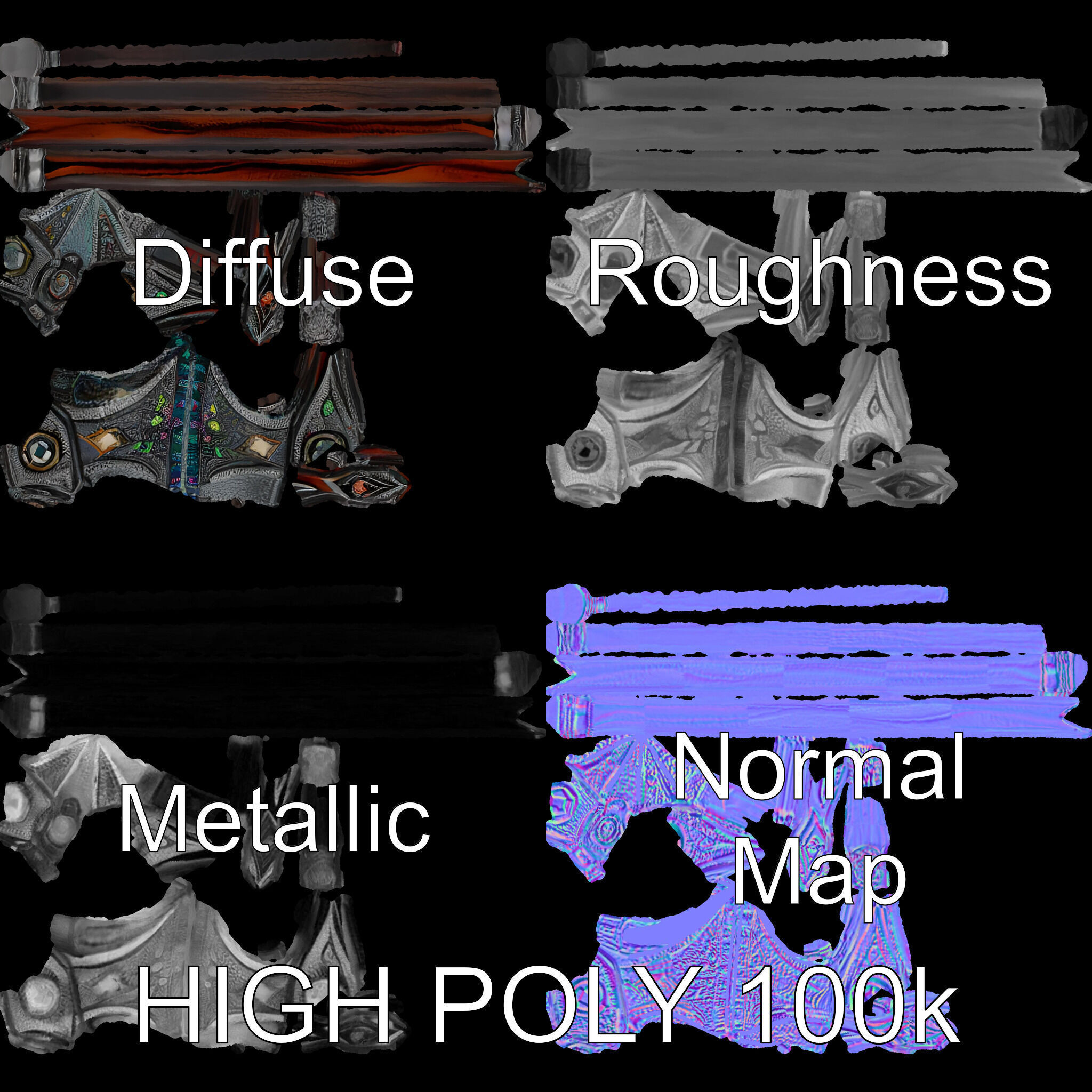 Fantasy GemStudded Battle Axe Model Pack Low-poly 3D model_4