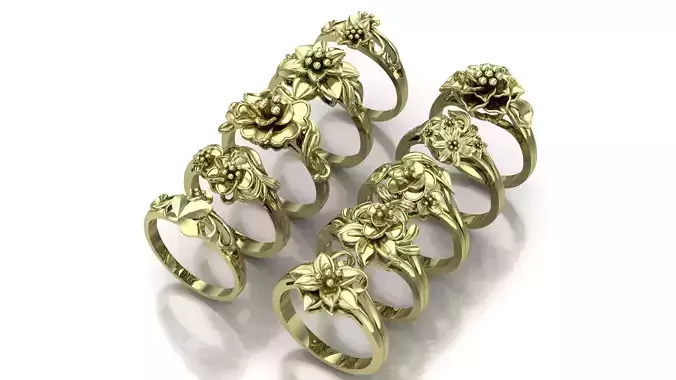 10 Flower Rings 3D Model Collection