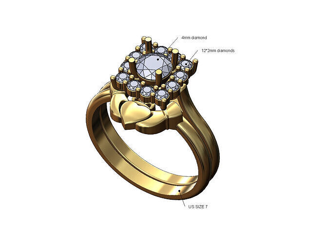 Rounded square diamond cluster Claddagh guard ring US size 7 3D print model