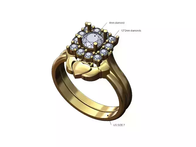 Rounded square diamond cluster Claddagh guard ring US size 7