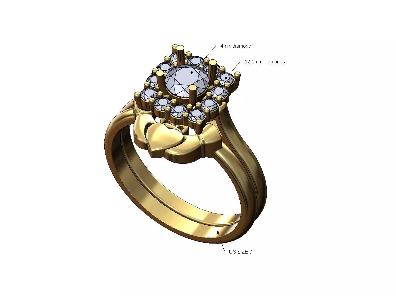 Rounded square diamond cluster Claddagh guard ring US size 7 3D print model