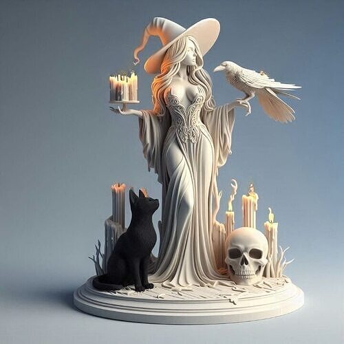 786 White Witch with Candles Raven Black Cat and  Skull 3D print model