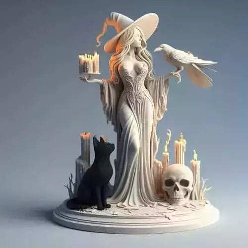 786 White Witch with Candles Raven Black Cat and  Skull