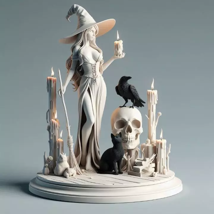 787 White Witch with Candles Black Raven Black Cat Skull 3D print model_0