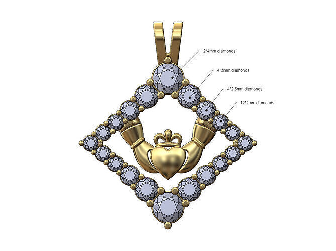 Diamond rhombus frame Claddagh heart crown pendant 3D print model