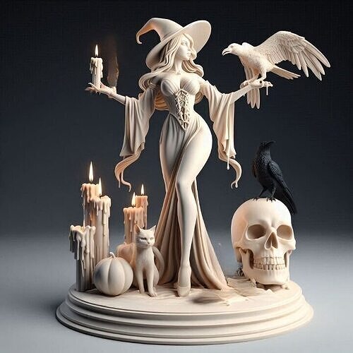 788 Witch with Candles  Ravens  Cat and  Skull magic 3D print model