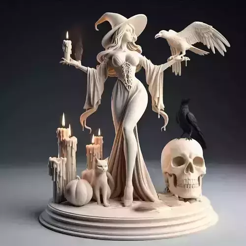 788 Witch with Candles  Ravens  Cat and  Skull magic