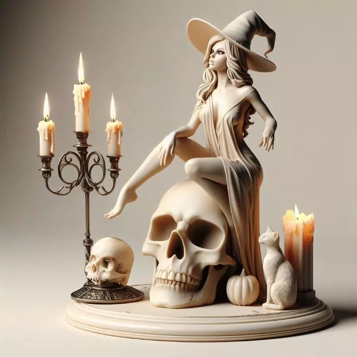789 Witch with Candles Cat and Skull Full Body Figurine 3D print model_0