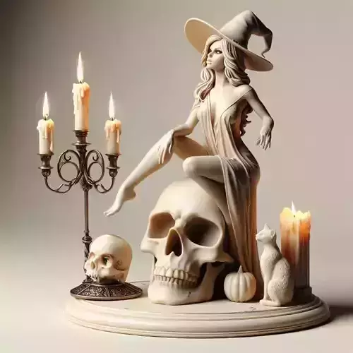 789 Witch with Candles Cat and  Skull  Full Body Figurine