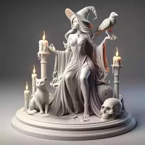 790 Witch with Candles Raven Cat and  Skull  fantasy
