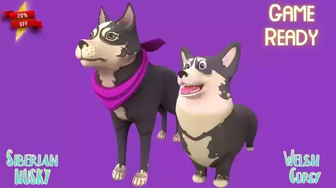 Grey Corgy and Grey Husky 3D Model Collection