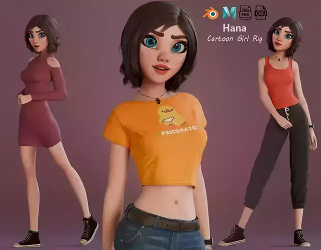 Hana Cartoon Girl Rig Low-poly 3D model