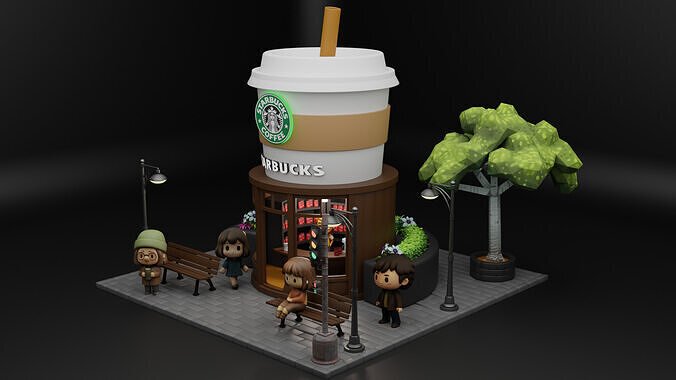 Starbucks  Miniature Coffee Shop Diorama Scene Low-poly 3D model