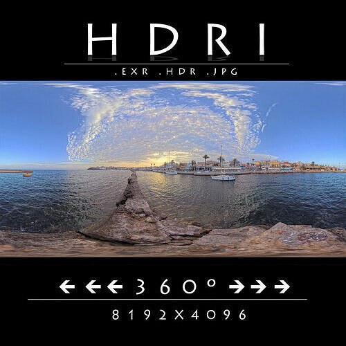 Mediterranean Marina Sunset  360 HDRI Sky and Seaside Village Low-poly 3D model