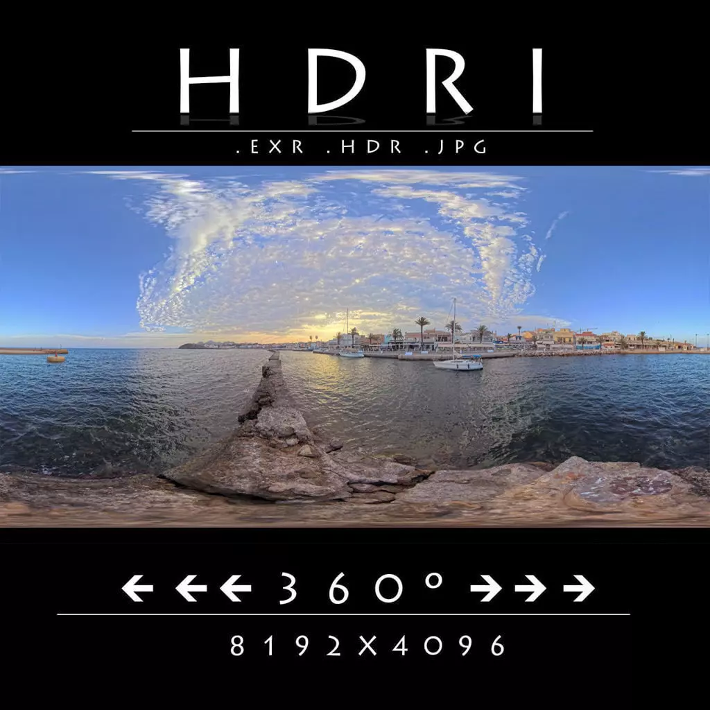 Mediterranean Marina Sunset 360 HDRI Sky and Seaside Village Low-poly 3D model