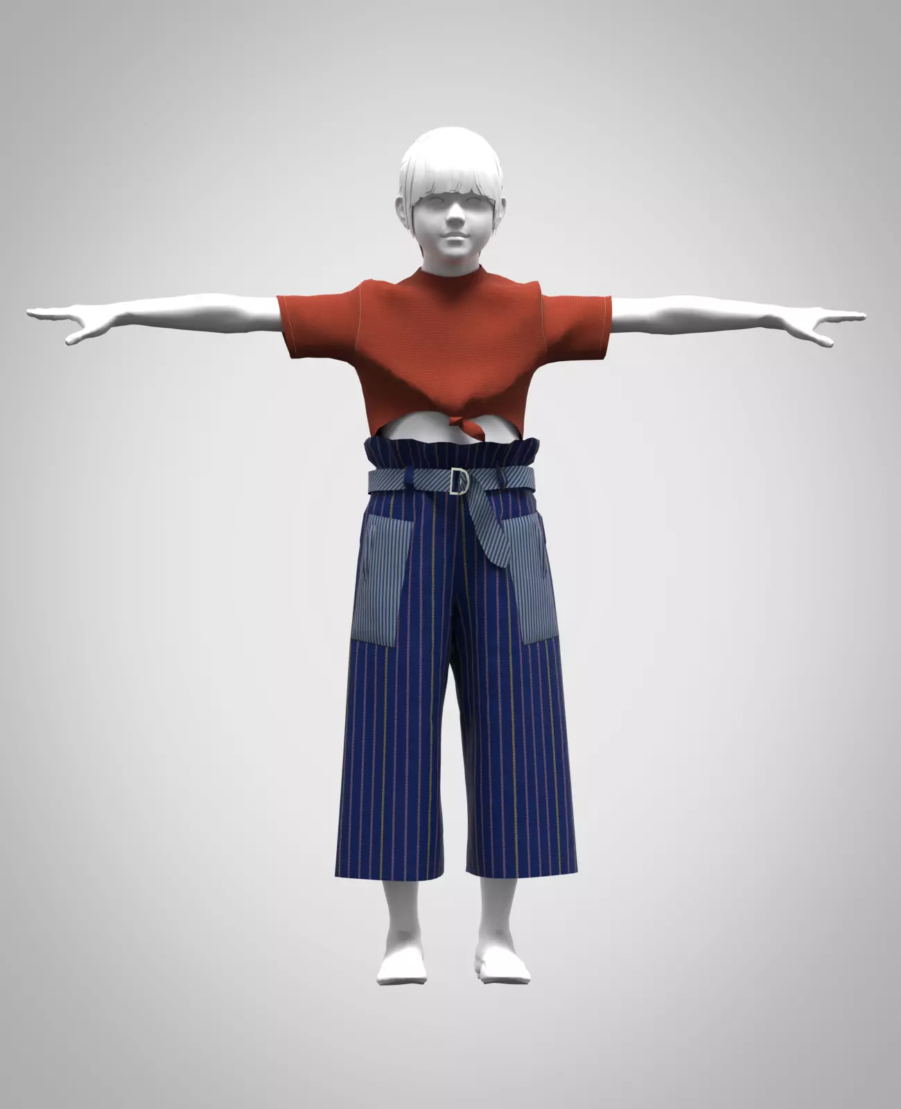 Girls Tie-Front Crop Top and paperbag pant Low-poly 3D model_0
