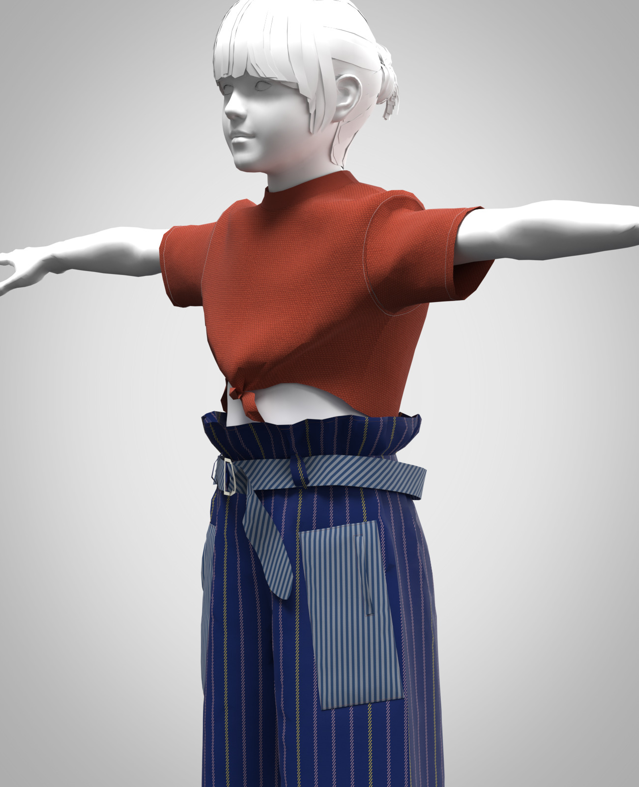 Girls Tie-Front Crop Top and paperbag pant Low-poly 3D model_2