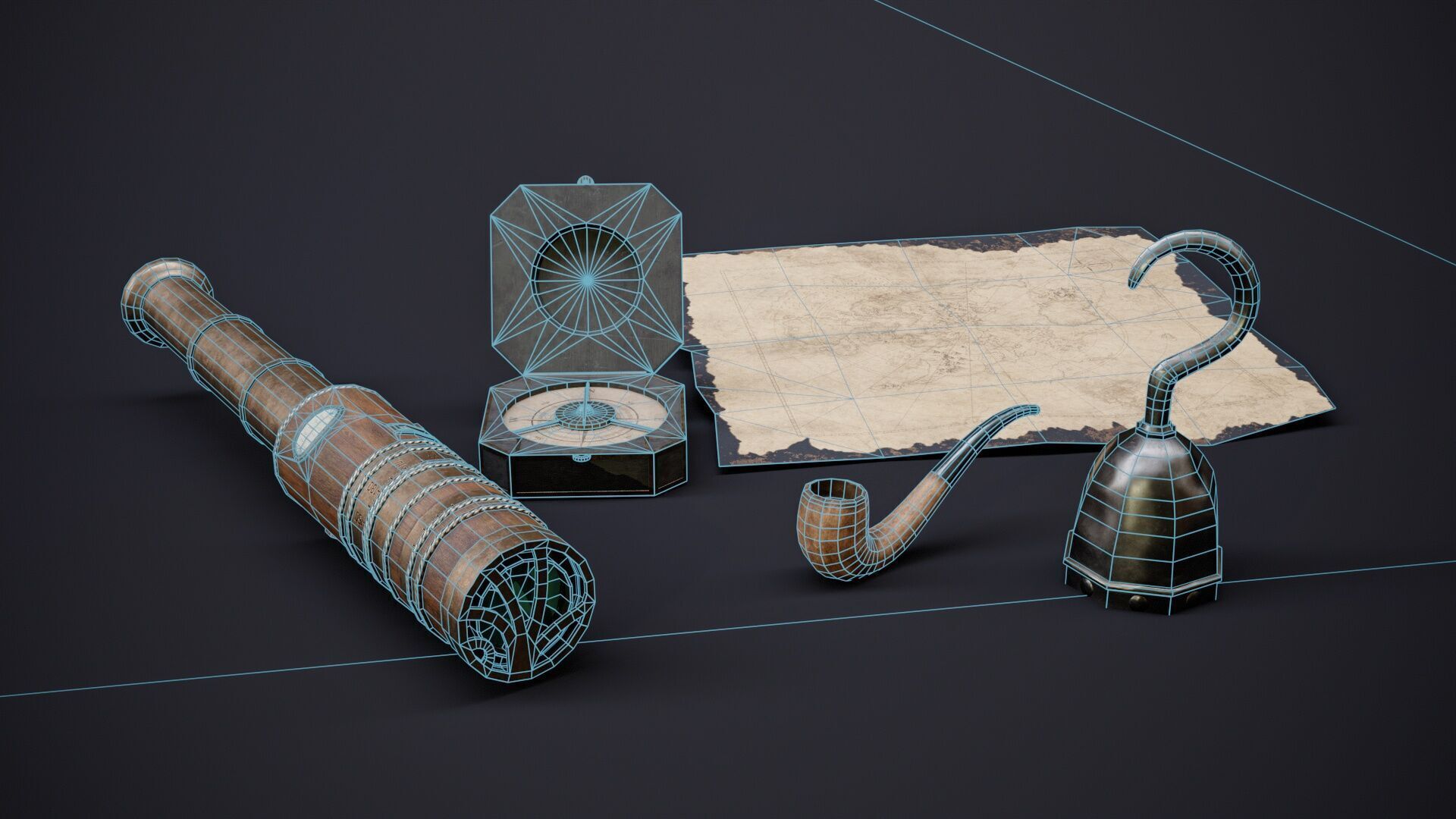 Pirate Props Pack Telescope Compass Map Pipe Hook Game Ready Low-poly 3D model_8