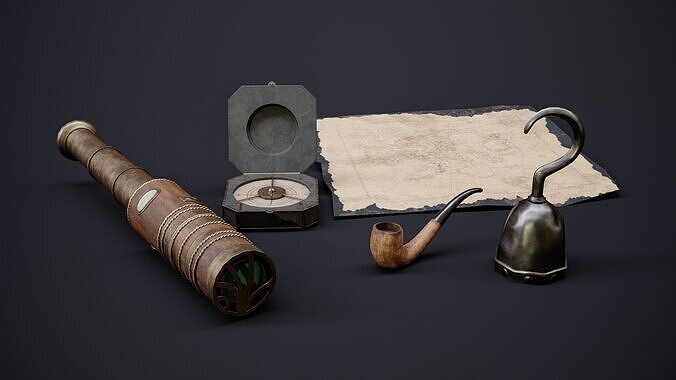 Pirate Props Pack Telescope Compass Map Pipe Hook Game Ready Low-poly 3D model