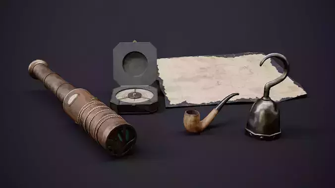 Pirate Props Pack Telescope Compass Map Pipe Hook Game Ready Low-poly 3D model Pirate Props Pack Telescope Compass Map Pipe Hook Game Ready Low-poly 3D model