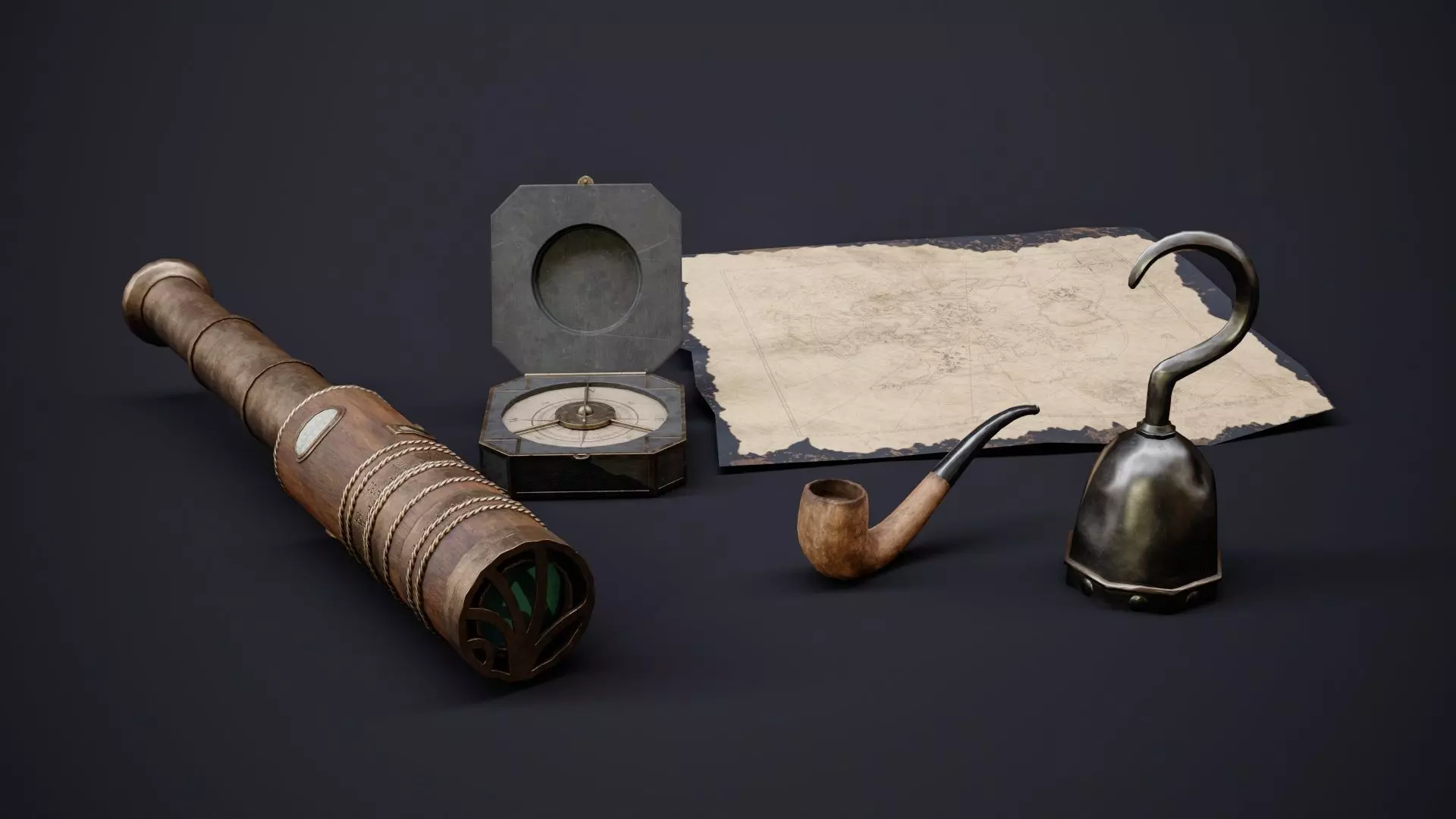 Pirate Props Pack Telescope Compass Map Pipe Hook Game Ready Low-poly 3D model_0