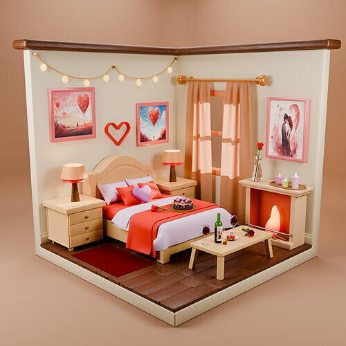 Romantic Isometric Bedroom  Cozy 3D Interior Low-poly 3D model