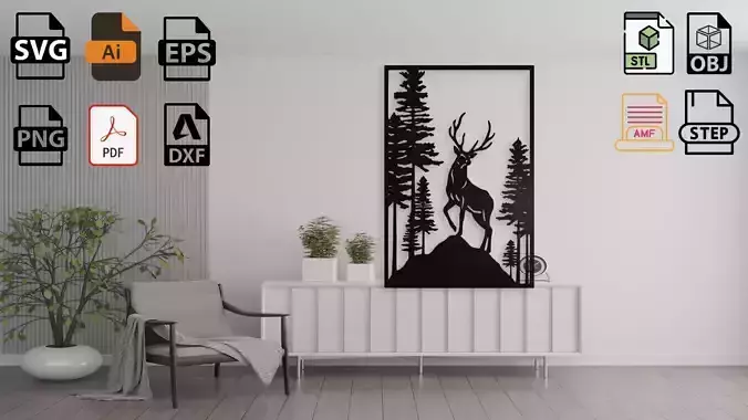 Majestic Deer in Forest Silhouette Wall Art