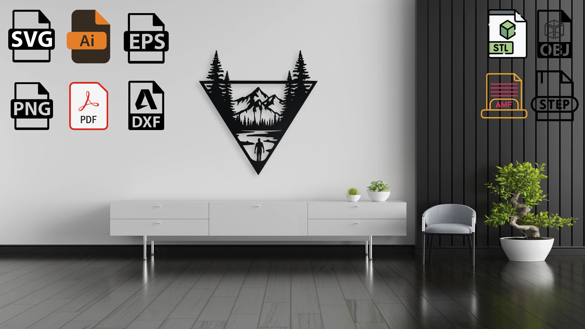 Mountain Scene with Hiker Triangle Wall Art 3D print model_4