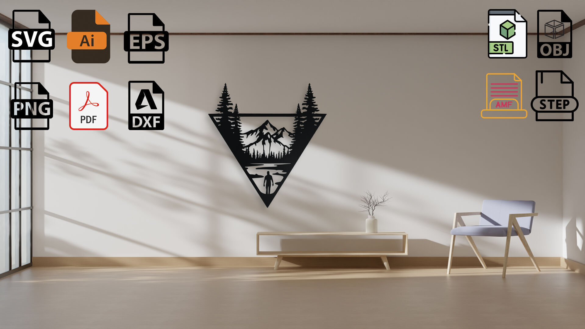 Mountain Scene with Hiker Triangle Wall Art 3D print model_3