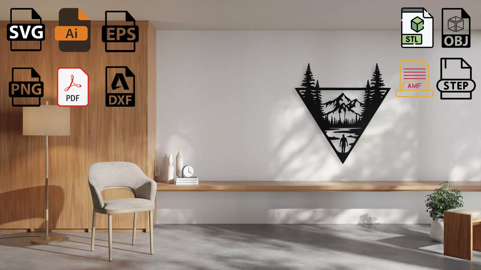Mountain Scene with Hiker Triangle Wall Art 3D print model_0