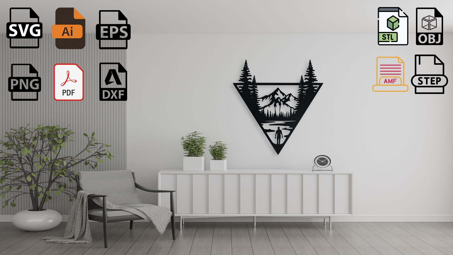 Mountain Scene with Hiker Triangle Wall Art 3D print model_5