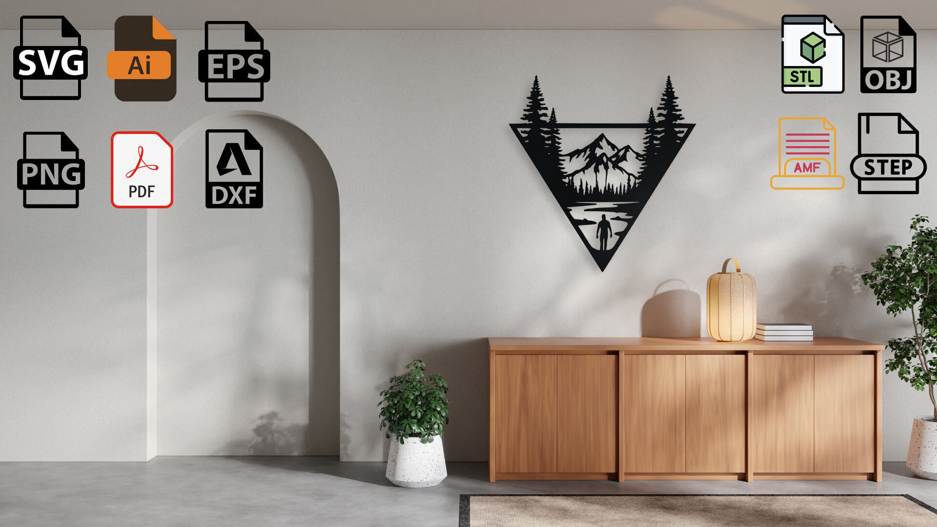 Mountain Scene with Hiker Triangle Wall Art 3D print model_1