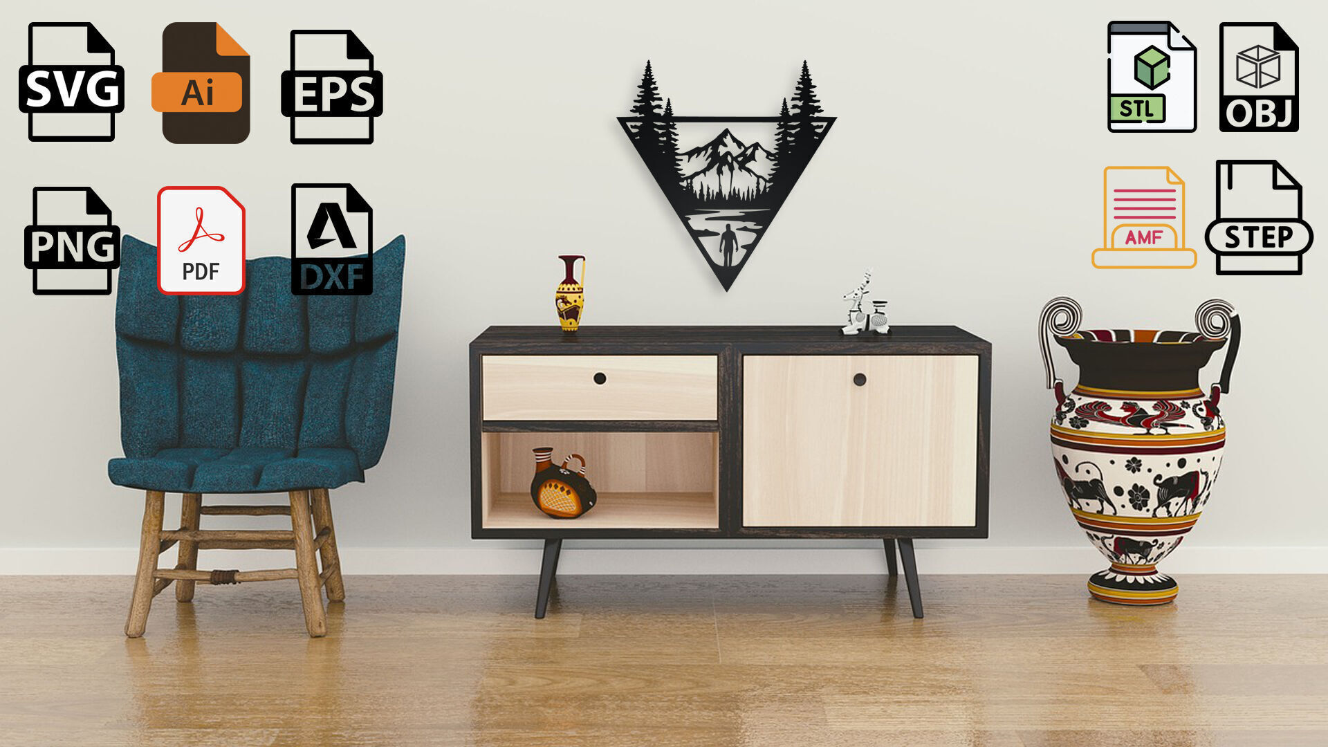 Mountain Scene with Hiker Triangle Wall Art 3D print model_2