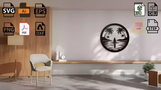 Tropical Beach Woman Silhouette Wall Art