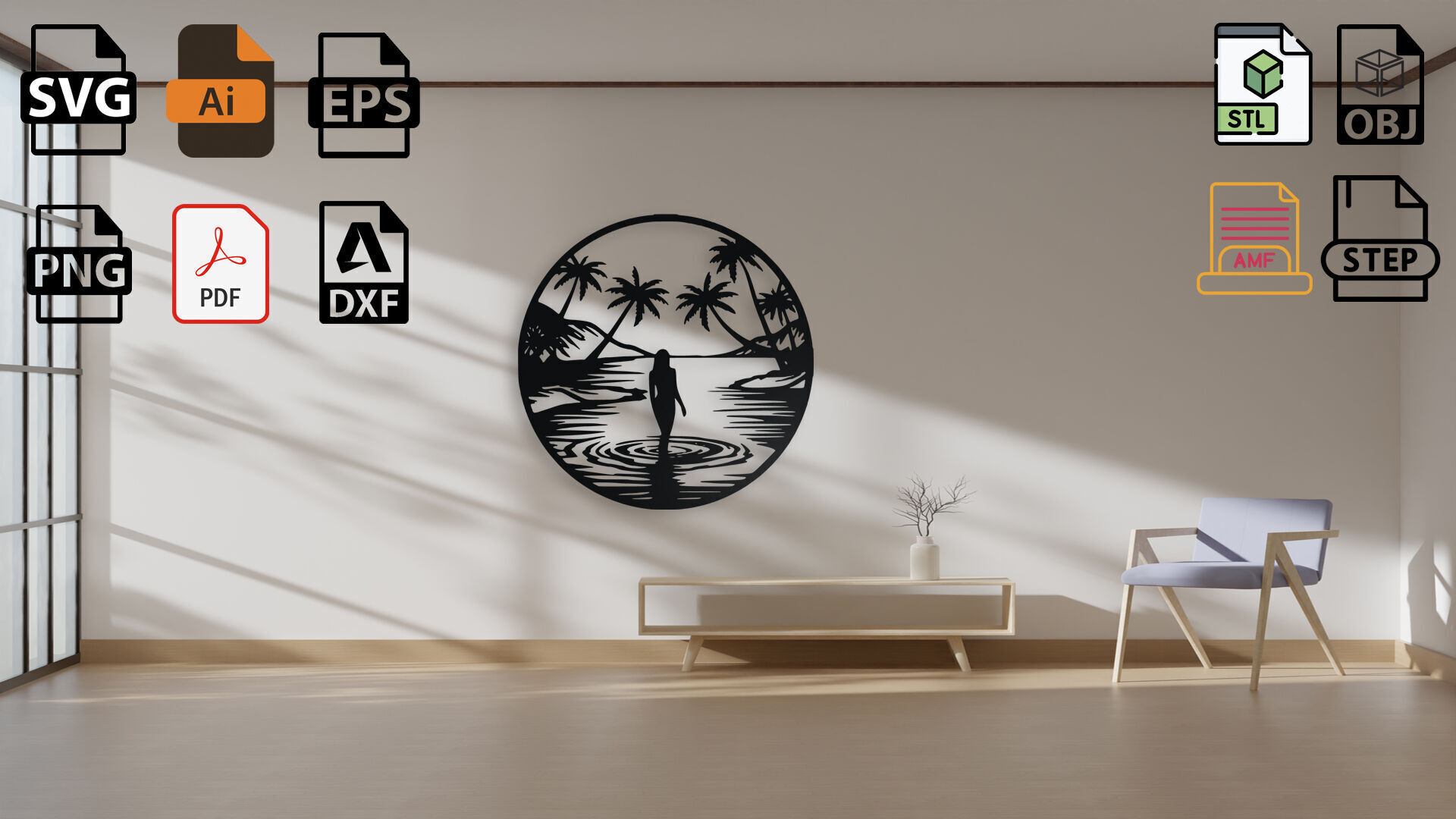 Tropical Beach Woman Silhouette Wall Art 3D print model_4