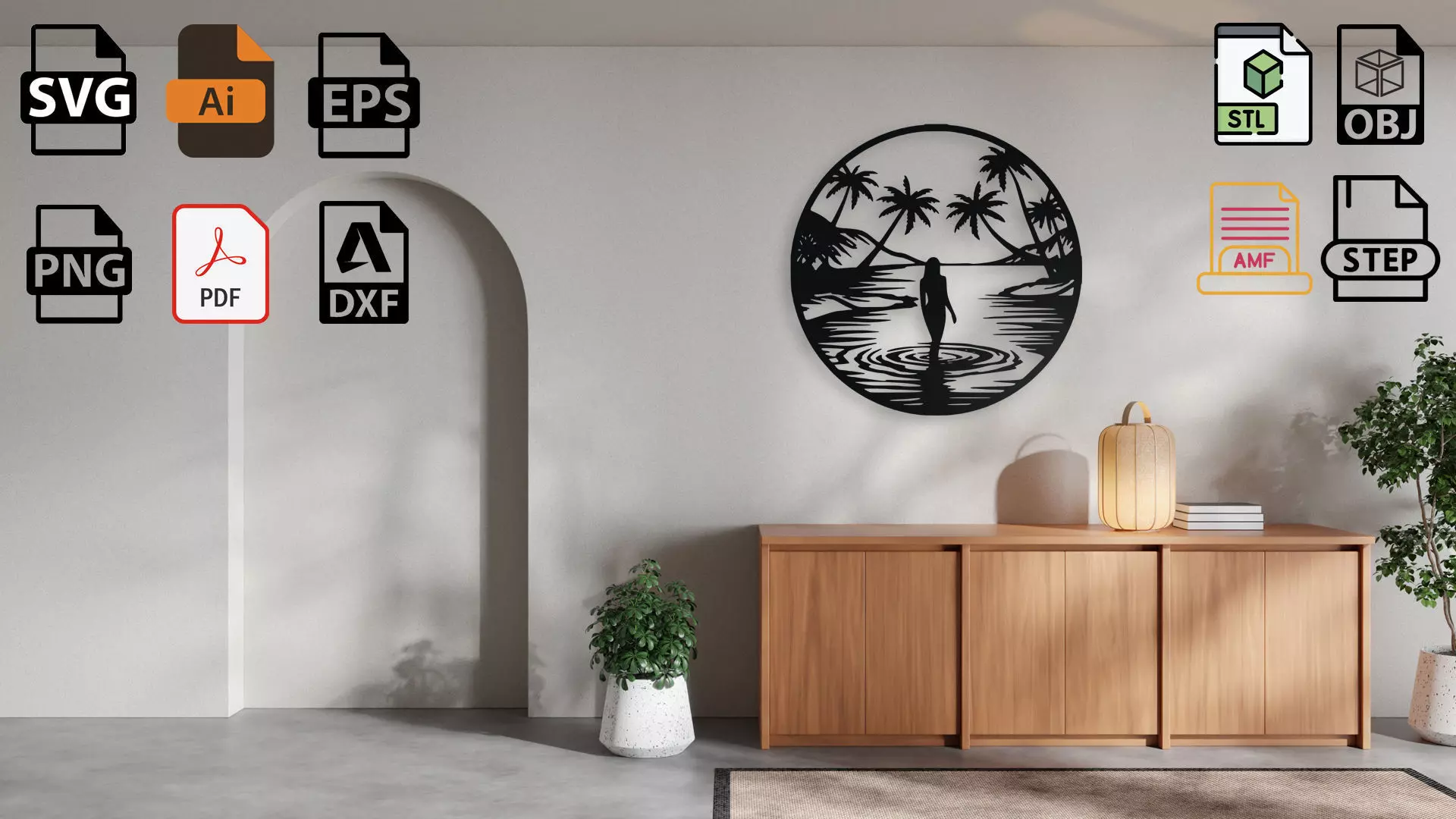 Tropical Beach Woman Silhouette Wall Art 3D print model_0