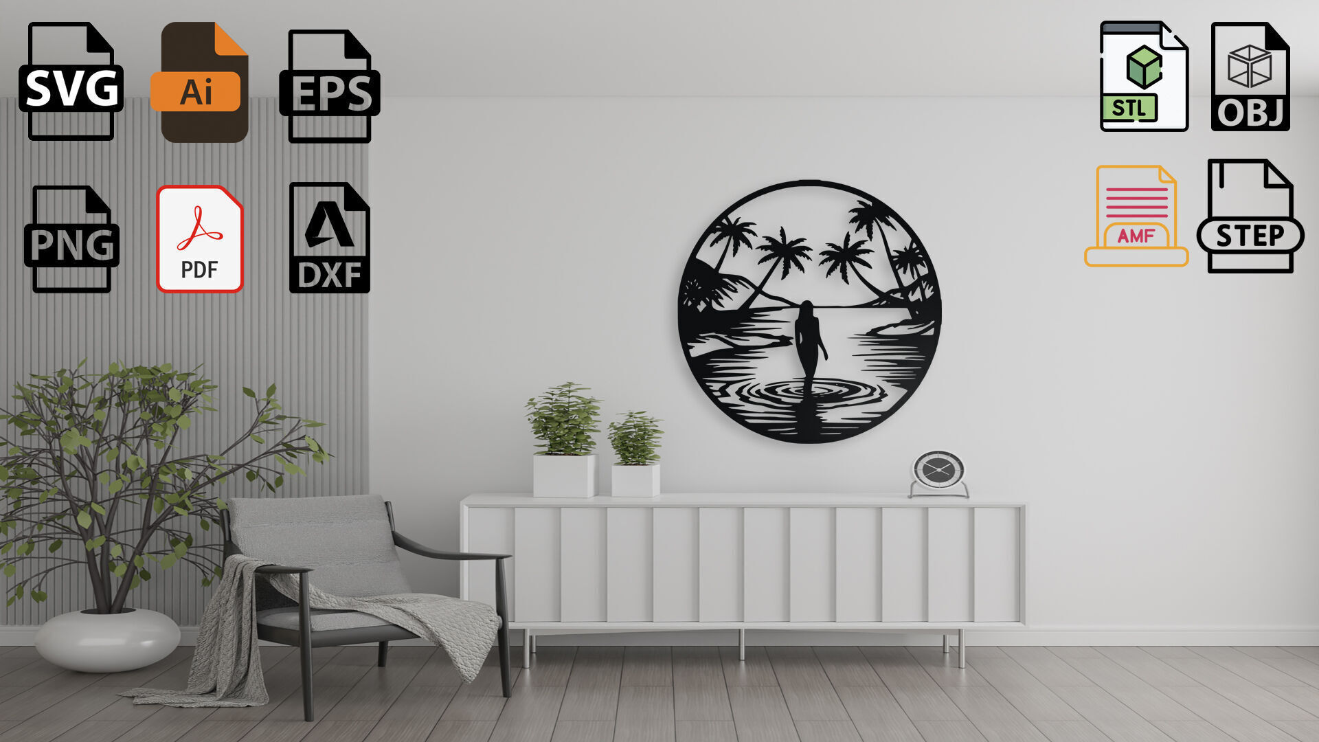 Tropical Beach Woman Silhouette Wall Art 3D print model_2