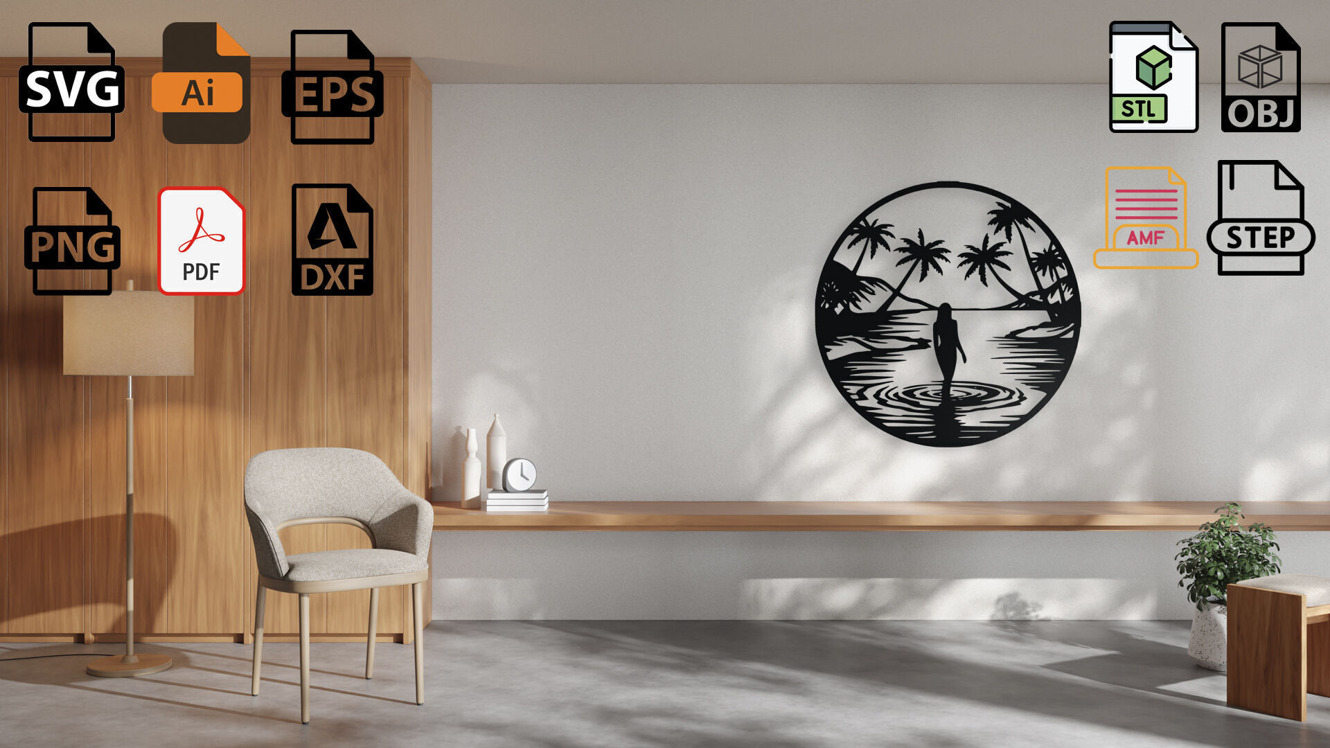 Tropical Beach Woman Silhouette Wall Art 3D print model_1