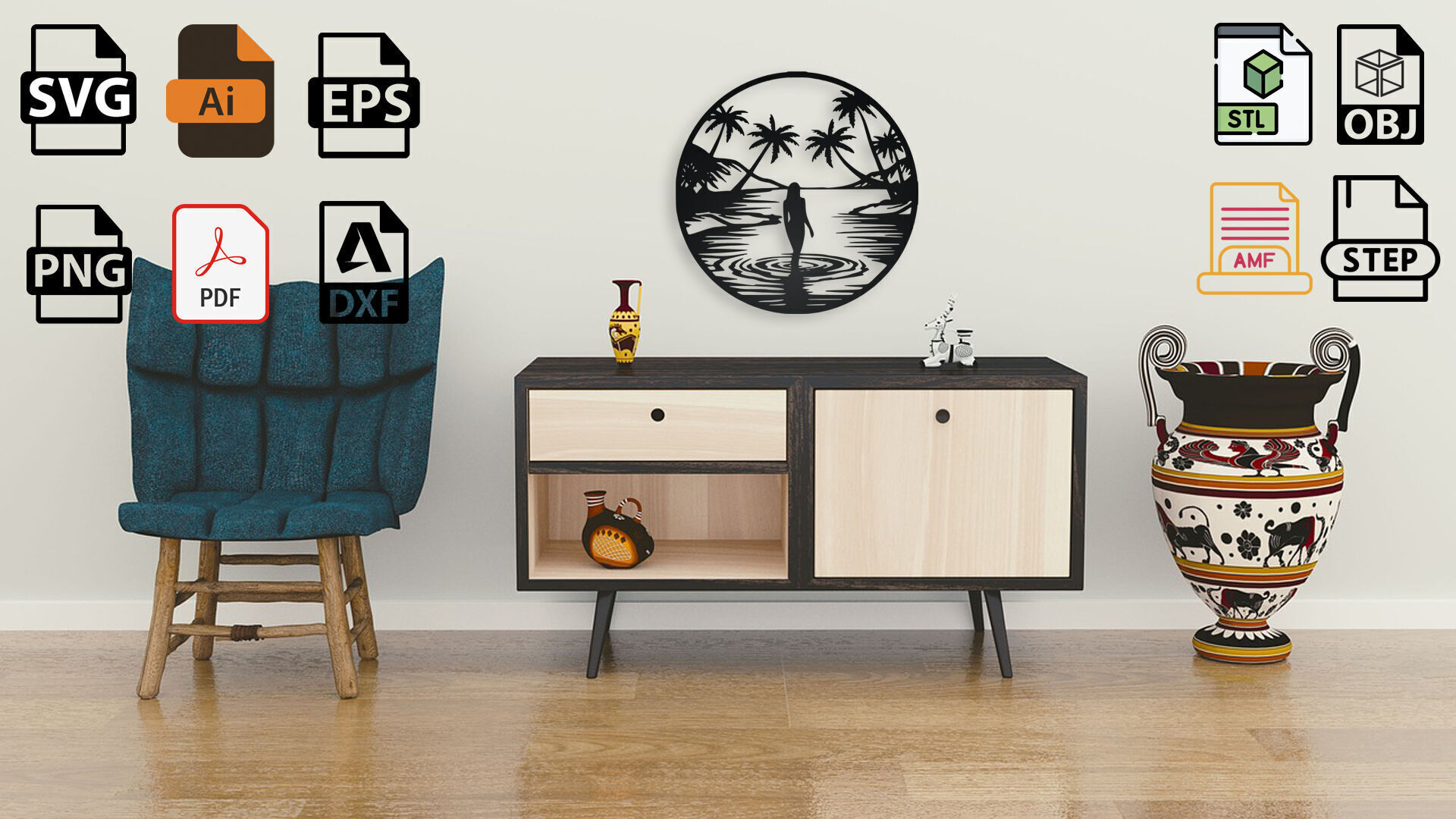 Tropical Beach Woman Silhouette Wall Art 3D print model_3