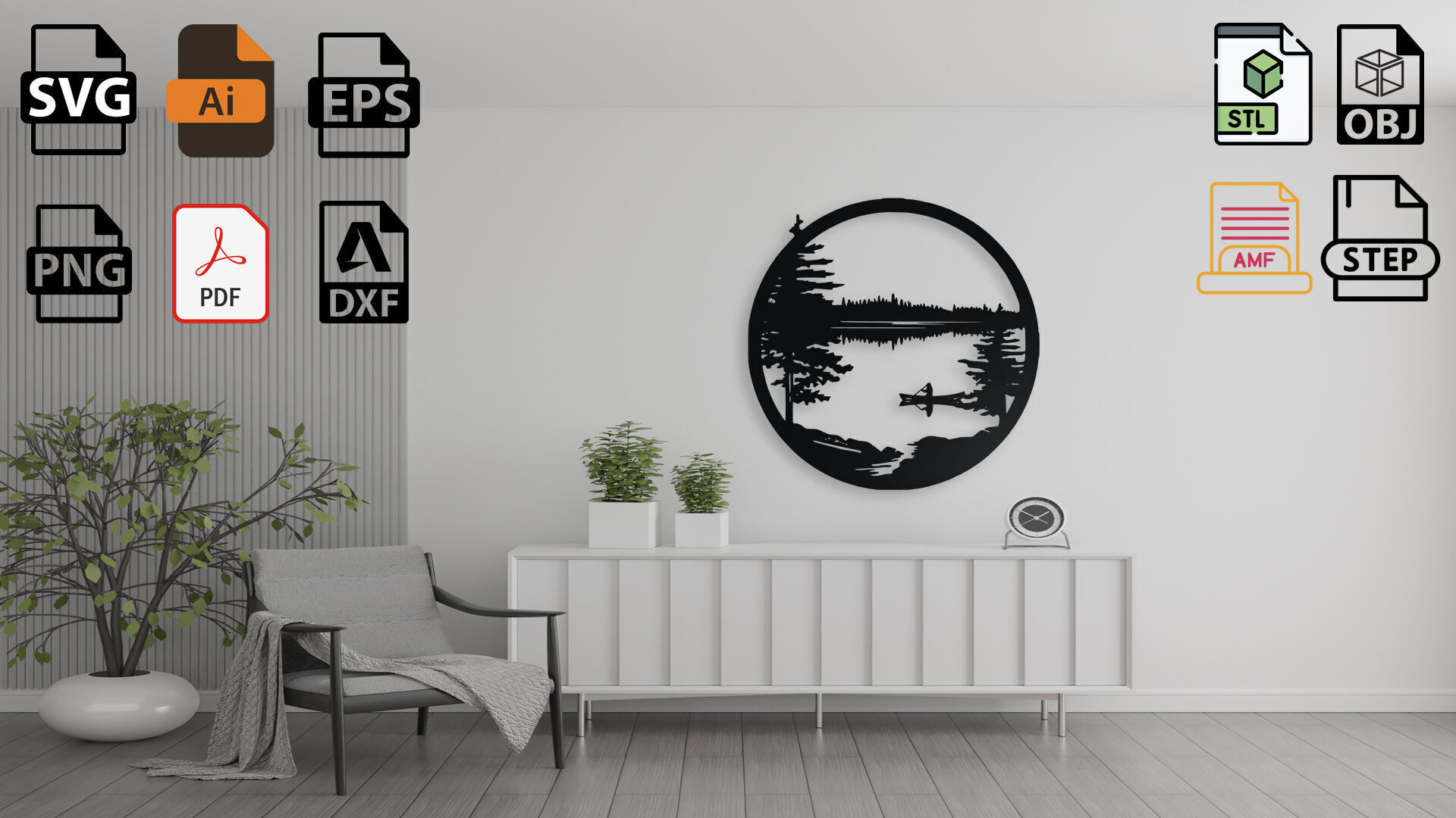 Canoe on a Calm Lake - Circular Wall Art Decor 3D print model_1