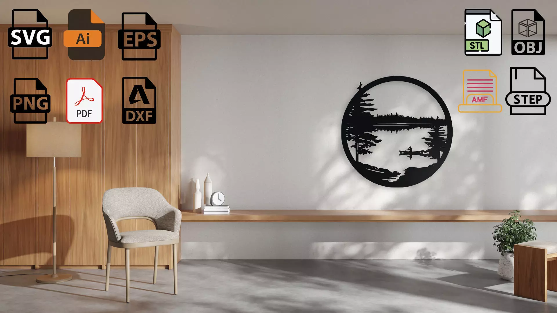 Canoe on a Calm Lake - Circular Wall Art Decor 3D print model_0