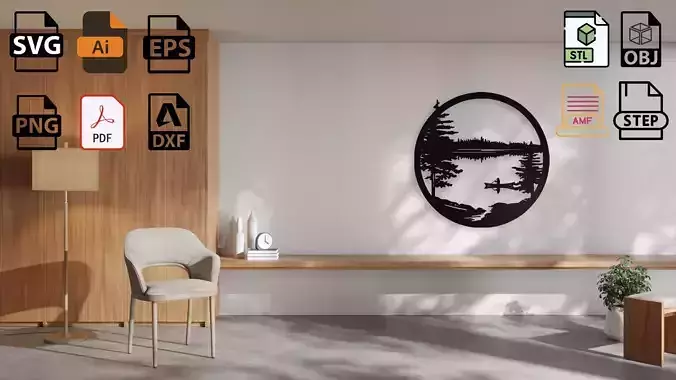 Canoe on a Calm Lake - Circular Wall Art Decor 3D print model