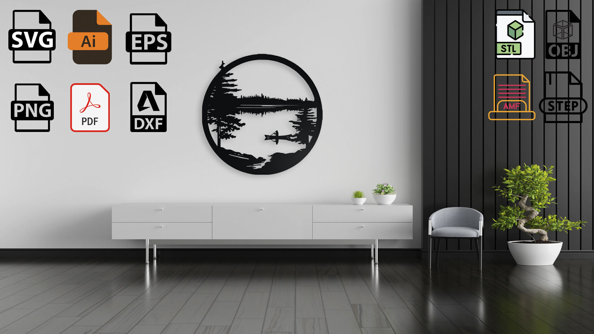 Canoe on a Calm Lake - Circular Wall Art Decor 3D print model_5