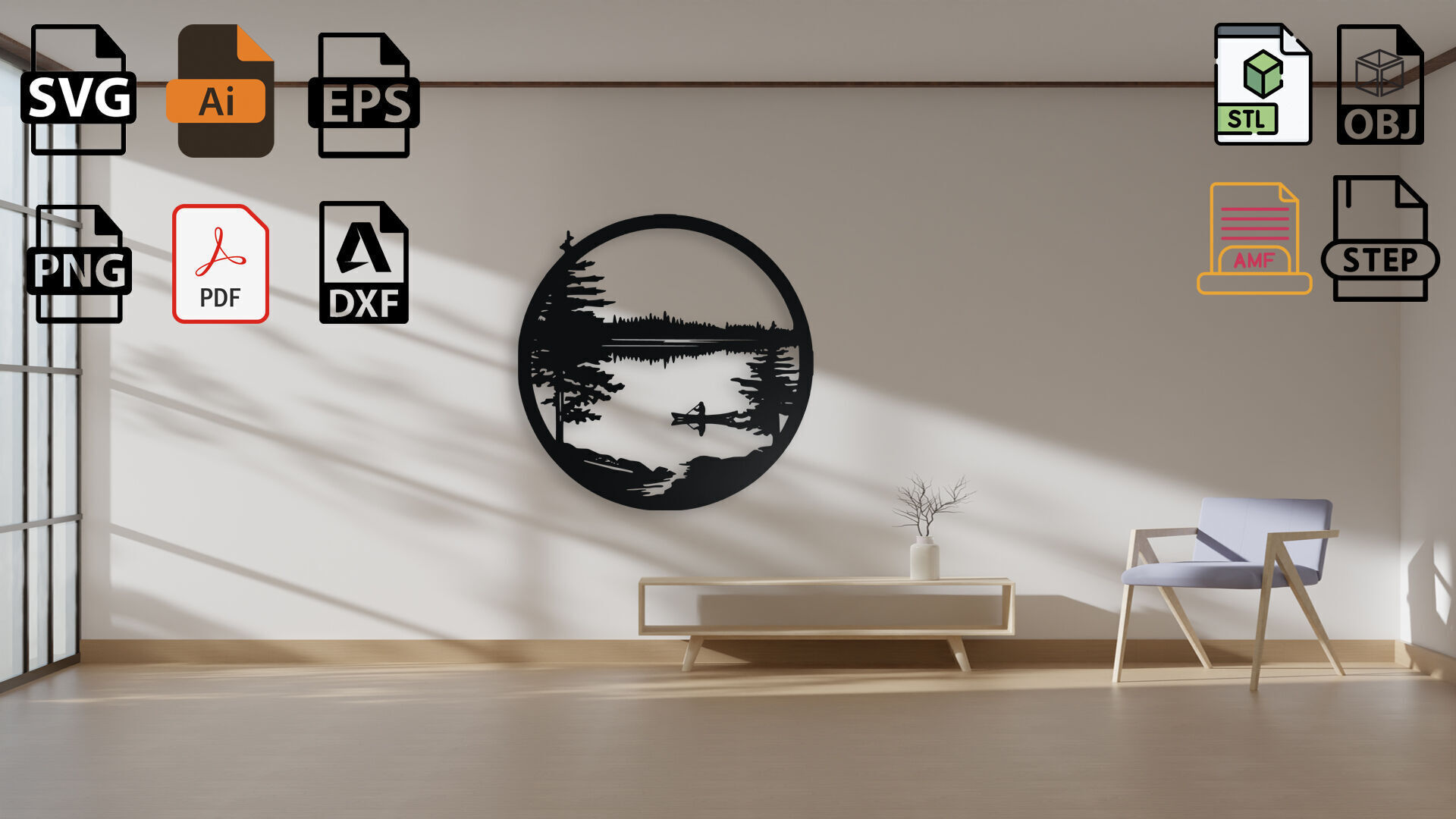 Canoe on a Calm Lake - Circular Wall Art Decor 3D print model_4