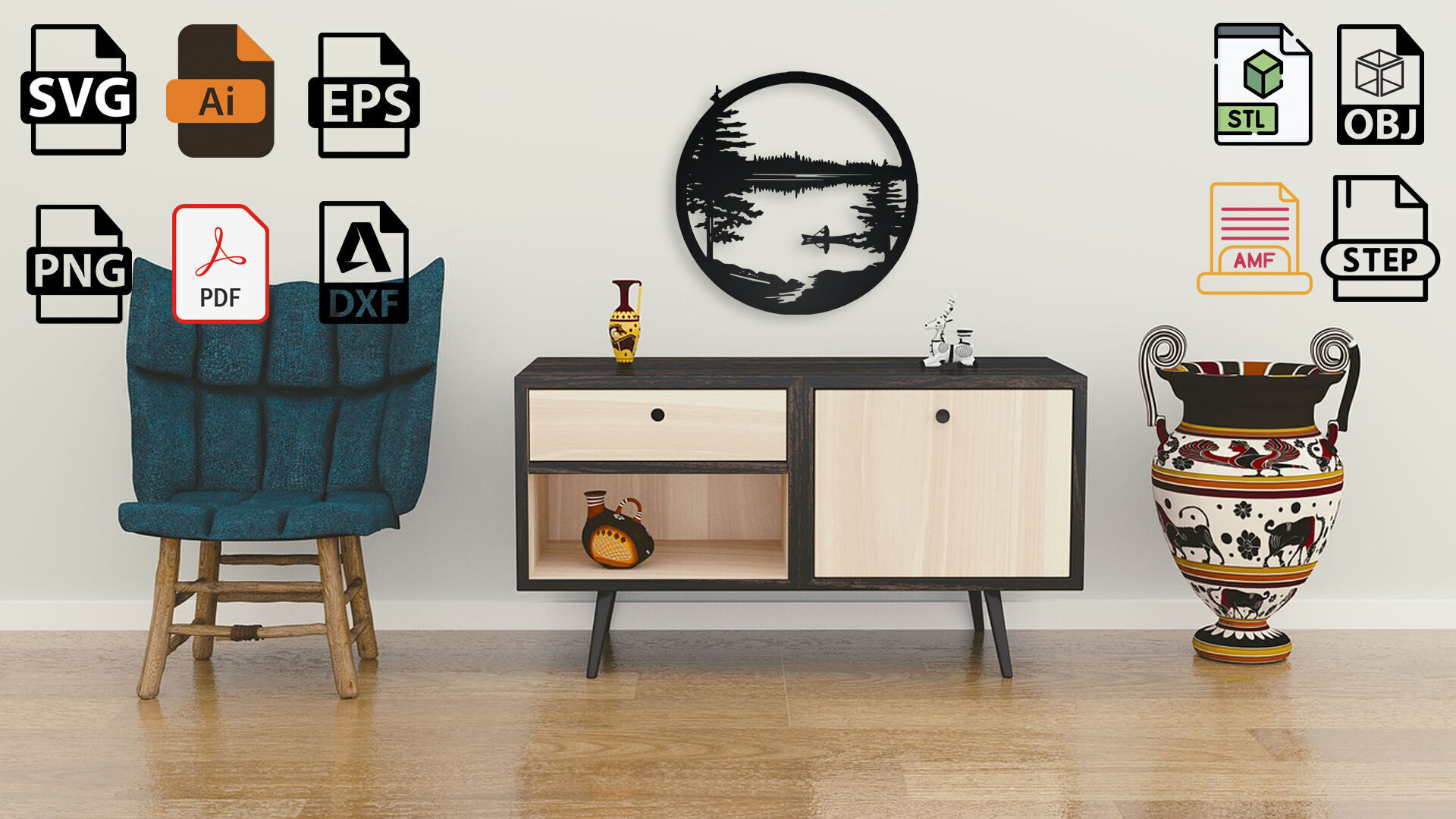 Canoe on a Calm Lake - Circular Wall Art Decor 3D print model_3