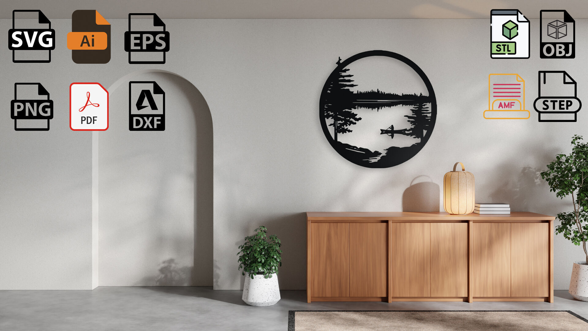 Canoe on a Calm Lake - Circular Wall Art Decor 3D print model_2