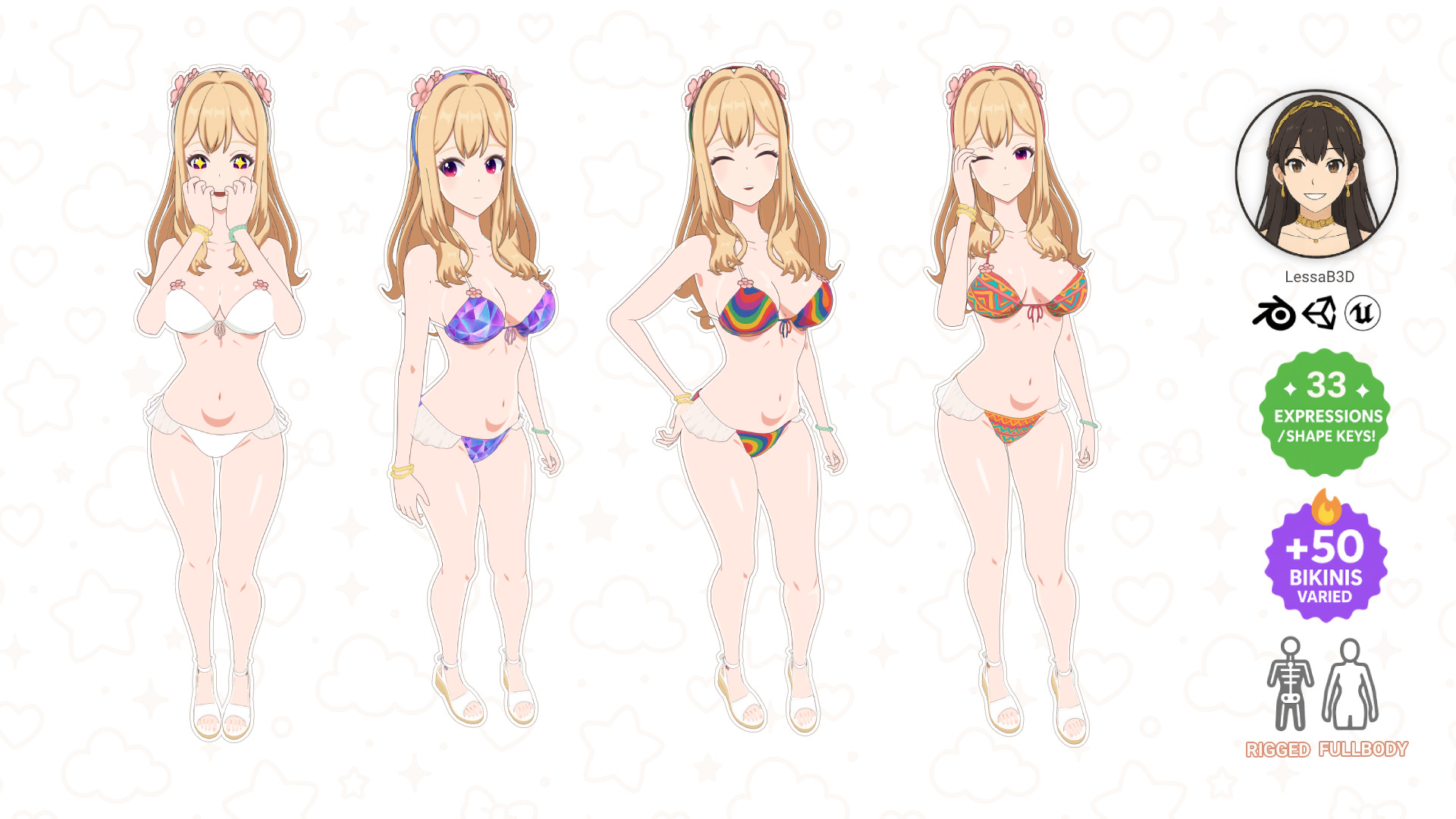 Anime Girl Bikini - Rigged - Shape Keys -  50 Textures Low-poly 3D model_17