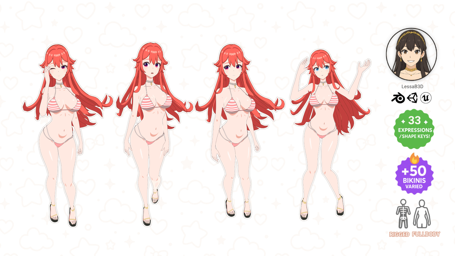 Anime Girl Bikini - Rigged - Shape Keys -  50 Textures Low-poly 3D model_10